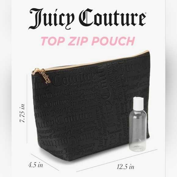 Juicy Couture Black Embossed Cosmetic Case, Zip Top Wedge Matt Logo, New - Picture 6 of 6